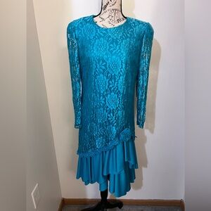 Vintage David Rose Teal Lace Tiered Midi Dress 80s 90s Retro Party Prom/Size 10